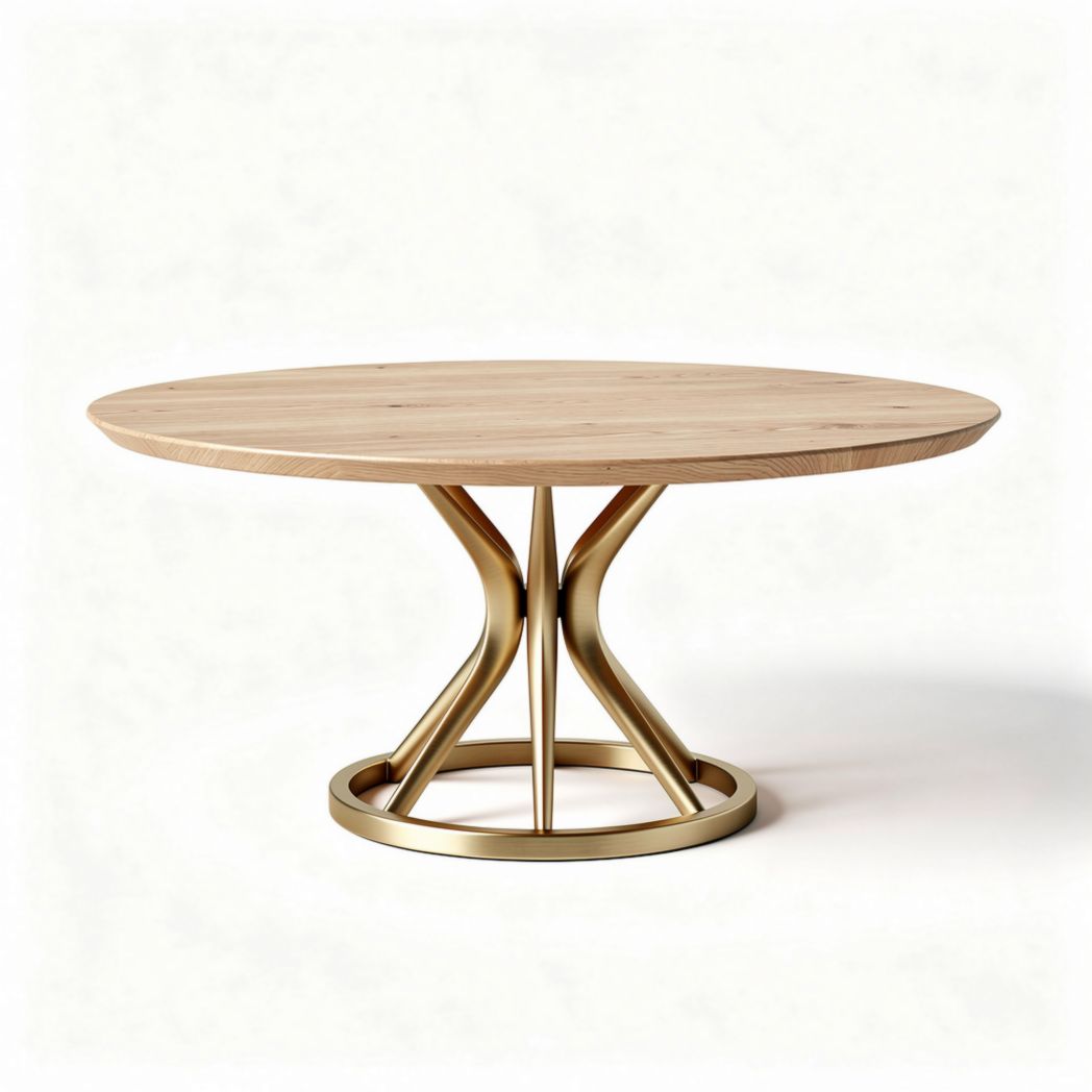 Houten tafel met gouden metalen standaard 120 x 120 x 75cm ronde vorm