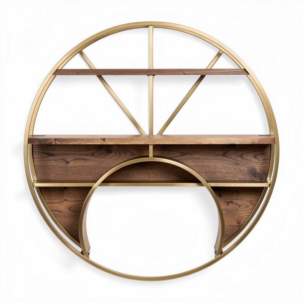 Ronde wandplank met houten planken en metalen frame 80 x 80 x 10cm