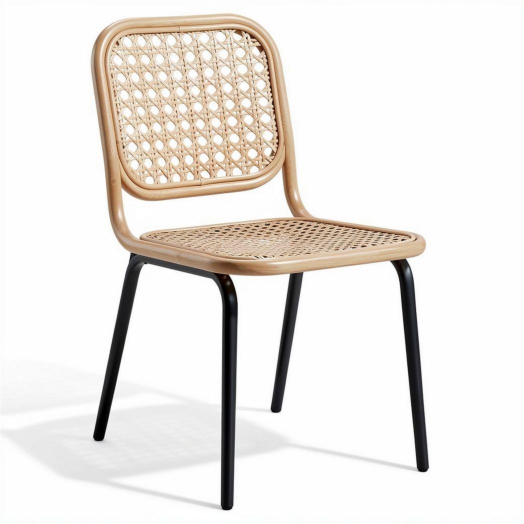 Houten stoel met rotan zitting en zwarte metalen poten 45 x 50 x 80cm