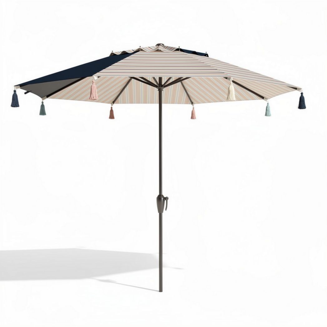 Parasol met strepen en franjes van polyester 240 x 240 x 240cm donkerblauw en beige