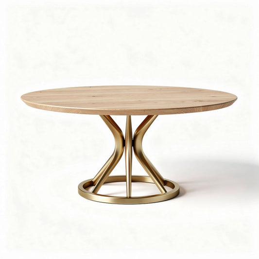 Houten tafel met gouden metalen standaard 120 x 120 x 75cm ronde vorm