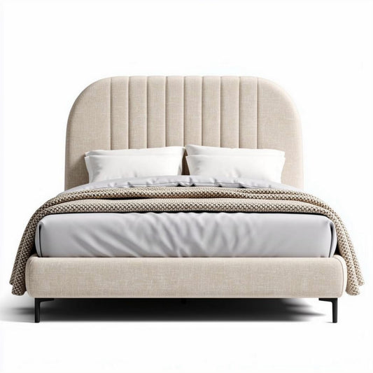 Beige stoffen bed met gestoffeerd hoofdbord en zwarte poten 210 x 160 x 100cm