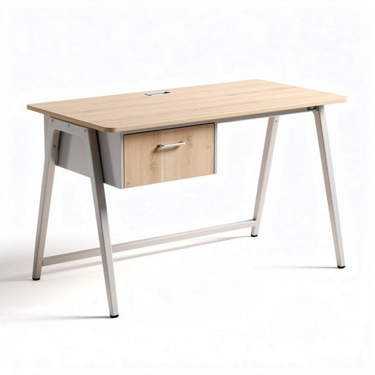Bureau van hout met lade en metalen poten 120 x 60 x 75cm beige