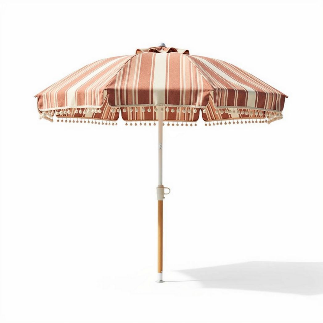 Zonwerende parasol met stoffen bovenkant in roze en crème strepen 180 x 180 x 240cm