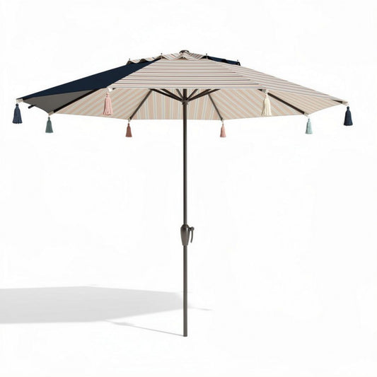 Parasol met strepen en franjes van polyester 240 x 240 x 240cm donkerblauw en beige
